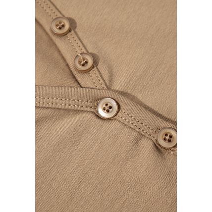Pale Khaki Long Sleeve Buttons V Neck Slim Fit Top