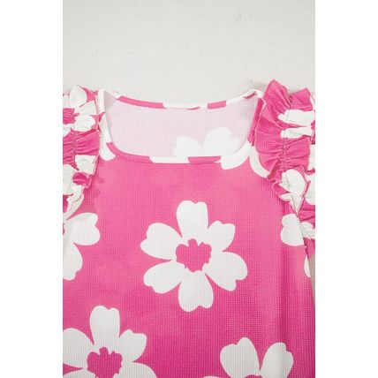 Pink Floral Textured Ruffled Short Sleeve Square Neck Blouse