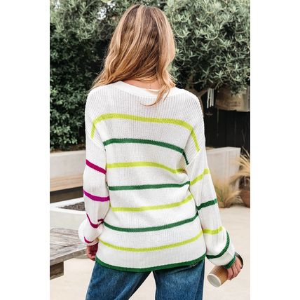 White Colorful Striped Drop Shoulder Crew Neck Sweater