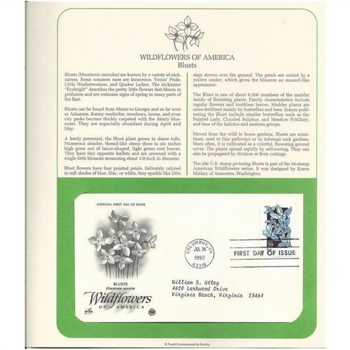 WILDFLOWERS OF AMERICA : BLUETS ' OFFICIAL FIRST DAY of ISSUE ' (1992)