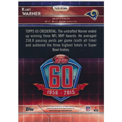 2015 Topps Football 60th Anniversary T60-KWA Kurt Warner St. Louis Rams