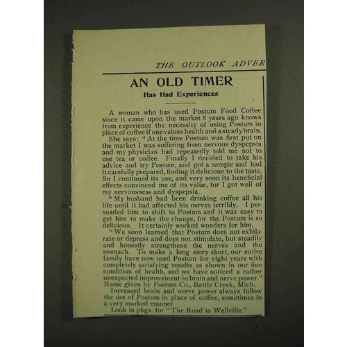 1906 Postum Food Coffee Ad - An Old Timer Experiences