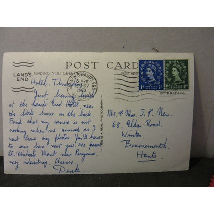FIRST AND LAST HOUSE, LAND'S END, CORNWALL. RP used vintage postcard 1960 pm =