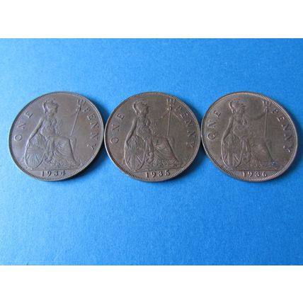 THREE GEORGE V PENNIES 1934,1935 & 1936 DATE RUN. (ebid)