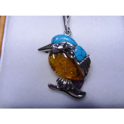 Amber and Turquoise 925 Silver Kingfisher Pendant