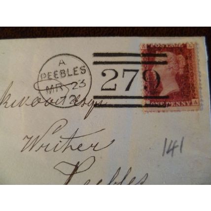 1872 GB QV 1d Red stamp plate no 141 AL cover Blackwood Eddleston Peebles