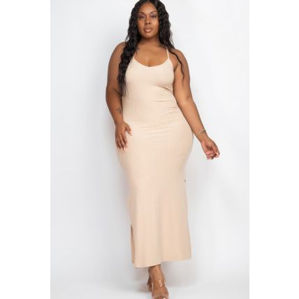 Women's Plus Size Ribbed Side Slit Long Cami Maxi Dress