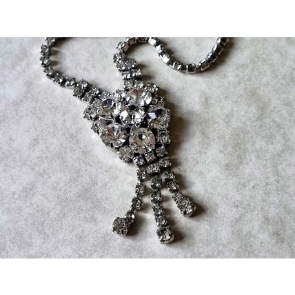 Rhinestone Cascade Necklace, Vintage Silver Tone Glamour, Cluster Pendant Drop
