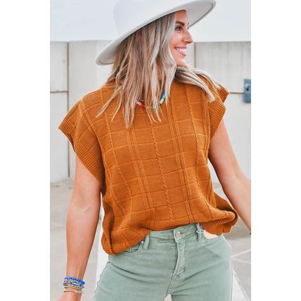Chestnut Grid Textured Short Sleeve Sweater