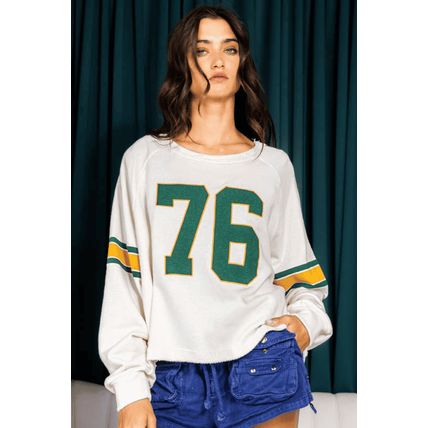 White Number 76 Printed Retro Sporty Long Sleeve Top