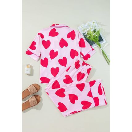 Pink Classic Heart Valentines Short Sleeve Pants Pajamas Set