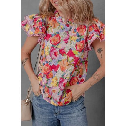 Multicolour Lace Trim Ruffle Short Sleeve Floral Blouse