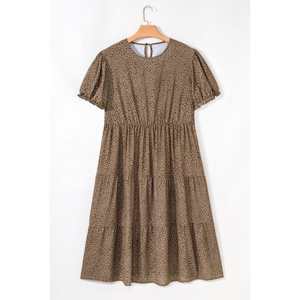 Brown Plus Size Leopard Print Frill Trim Short Sleeve Flared Dress