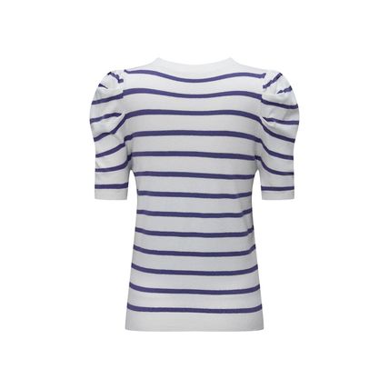 Blue Stripe Ribbed Trim Round Neck Bubble Sleeve Knitted Top