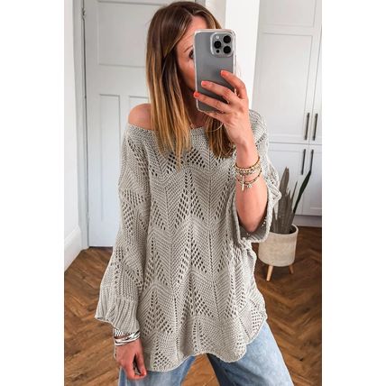 Seagrass Hollow Out Knit 7/8 Sleeve Casual Sweater
