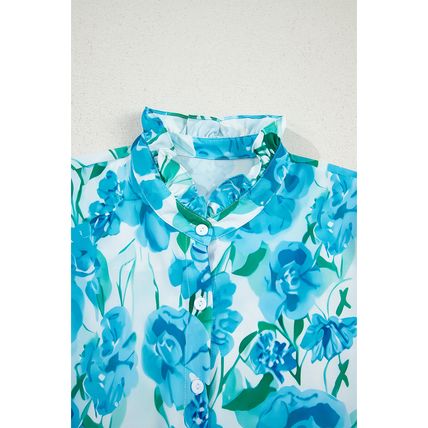 Green Floral Frilled Collar Three Quarters Sleeve Elegant Shirt