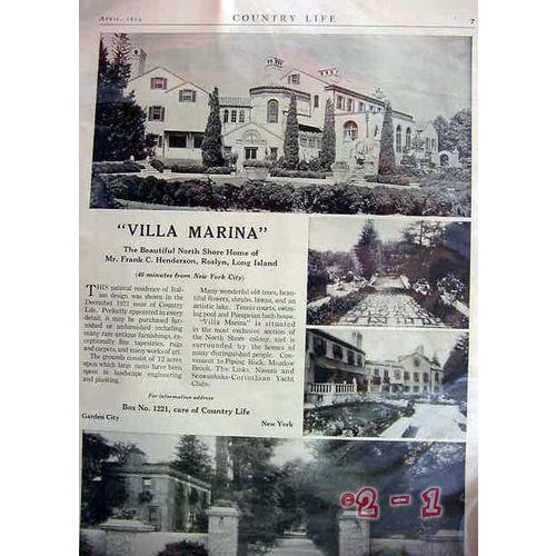 VILLA MARINA 1924 Roslyn LI NY country home real estate vintage ad
