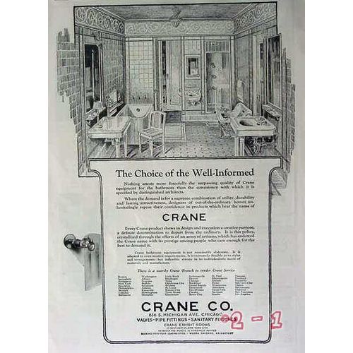 CRANE COMPANY 1919 bathroom fixtures valves pipe fittings vintage ad