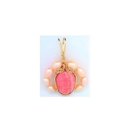 Rhodochrosite Pearl Gold Wire Wrap Gemstone Pendant 9