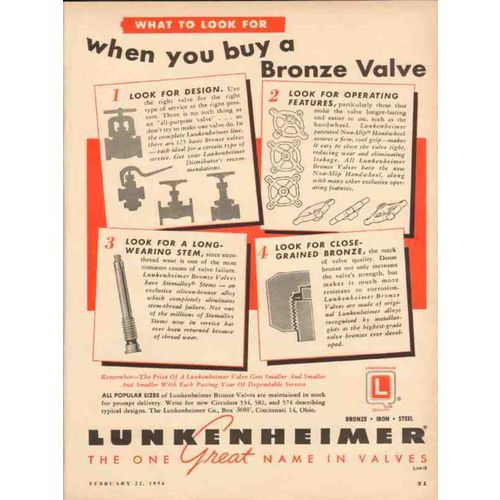 LUNKENHEIMER COMPANY 1954 when you buy bronze valve oil gas vintage ad