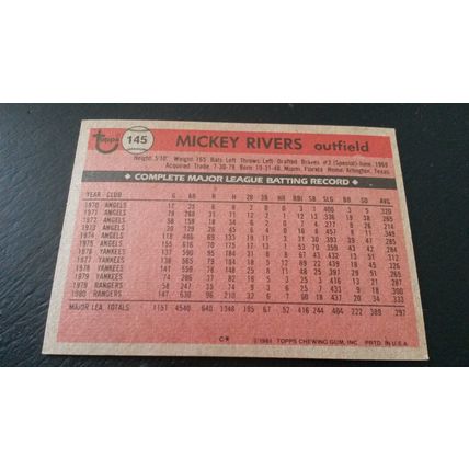 1981 Topps Card # 145 Mickey Rivers Very Good-Excellent (4) Texas Rangers