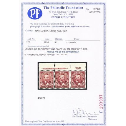270, Mint PL# & Imprint Strip VF NH With PFC Certificate Cat $375. - Stuart Katz
