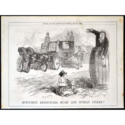 HYPOCRISY DENOUNCING MUSIC AND SUNDAY FINERY? 1856 PUNCH CARTOON PAGE