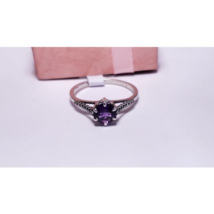 Estate 3/4ct round Amethyst scroll basket feather sides SterlingSilver Ring22243