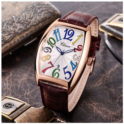 Gents Large Face Coloured Numbers Date Brown Genuine Leather Strap Watch