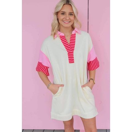White Stripe Colorblock Patchwork Short Sleeve T Shirt Dress