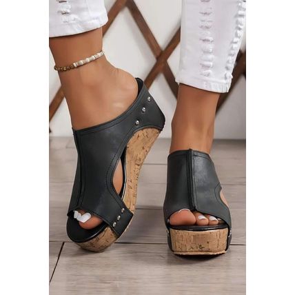 Black Hollow Out Studded PU Leather Wedge Slippers