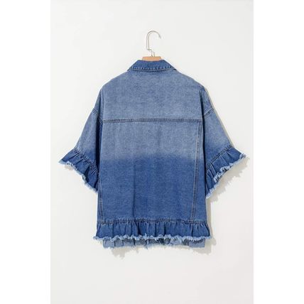 Peacock Blue Ruffled Frayed Short Sleeve Plus Size Denim Jacket