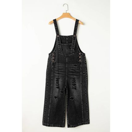 Black Distressed Bib Pocket Wide Leg Denim Overall