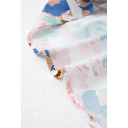 Multicolour Floral Print Ricrac Trim Collared Puff Short Sleeve Shirt