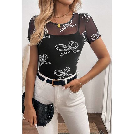 Black Bow Printed Mesh Short Sleeve Top