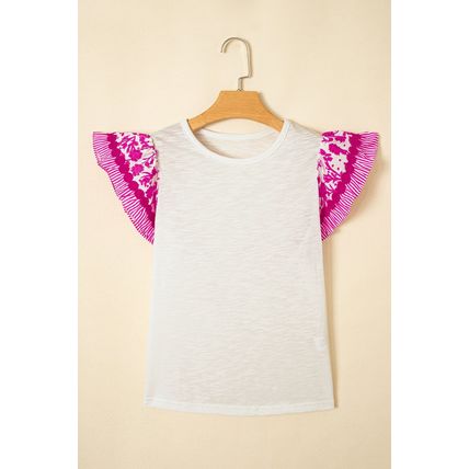 Rose Ricrac Trim Printed Flutter Sleeve Contrast Patchwork Blouse