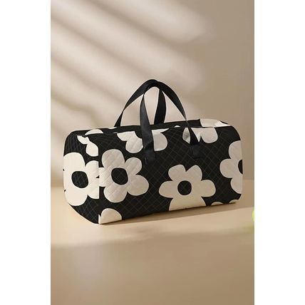 Black Flower Print Quilted Large Duffel Bag