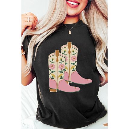 Black Floral Cowgirl Boots Cotton Blend T Shirt