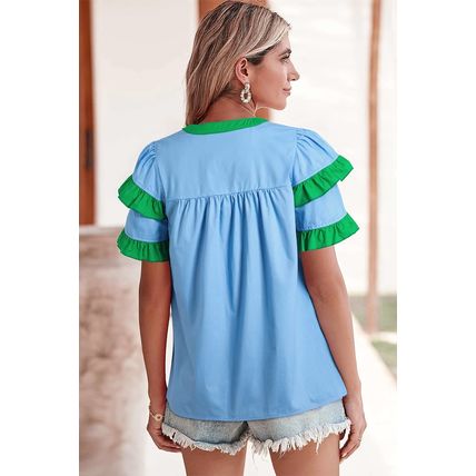 Mist Blue Contrast Notched Neck Frilly Detail Short Sleeve Blouse