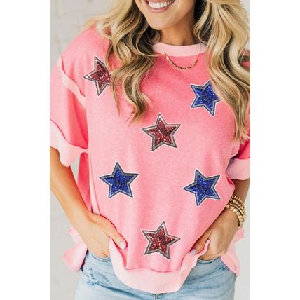 Peach Blossom Independence Day Sequin Star Graphic Contrast Patchwork Tee