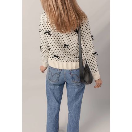 Beige Bow Decor Color Contrast Ribbed Edge Crew Neck Sweater