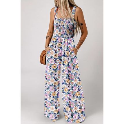 Purple Floral Print Smocked High Waist Square Neck Jumpsuit