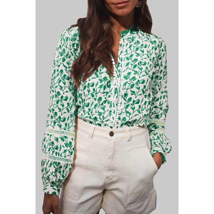 Green Printed Lace Detail Floral Puff Sleeve Fall Shirt