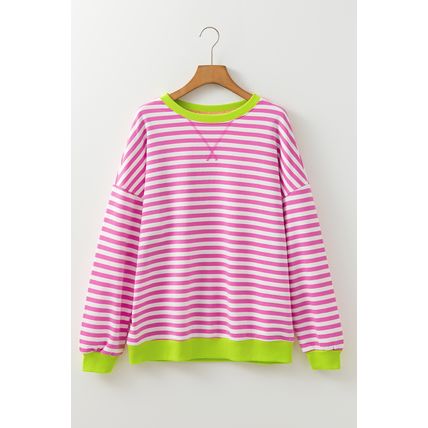 Rose Red Striped Contrast Ribbed Trim Crossed Stitch Drop Shoulder Sweatshirt