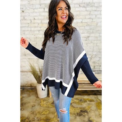 Blue Stripe Color Block Patchwork Dolman Oversize Tunic Sweater