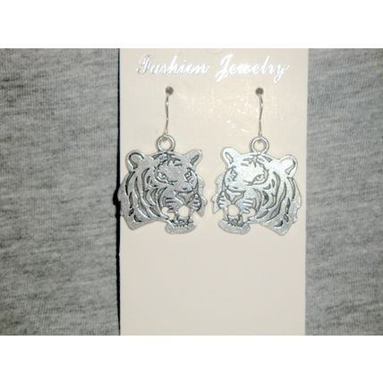 Large scuplted tigers head silver alloy earrings