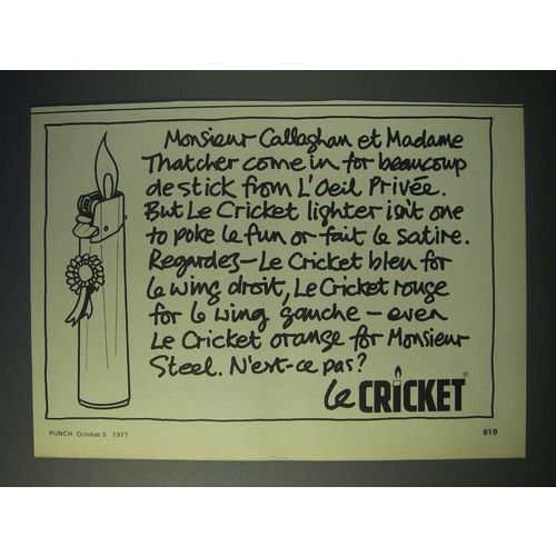 1977 Cricket Cigarette Lighter Ad - Madame Thatcher