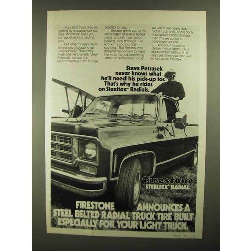 1977 Firestone Steeltex Radial Tire Ad - Steve Petrasek