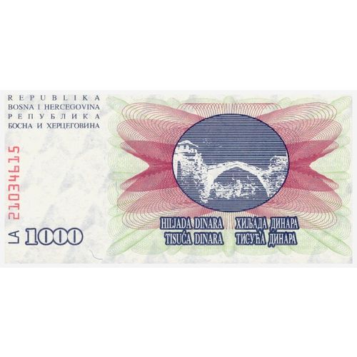 1992 - Bosnia and Herzegovina 1,000 Dinara Banknote UNC