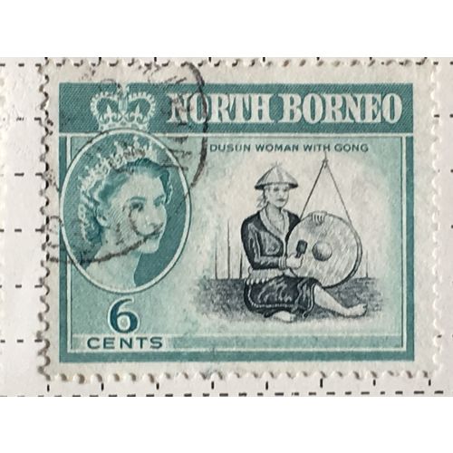 North Borneo 1961 6c Black Blue Green Used SG 394 Sc 283 stamp Dusun Woman Gong